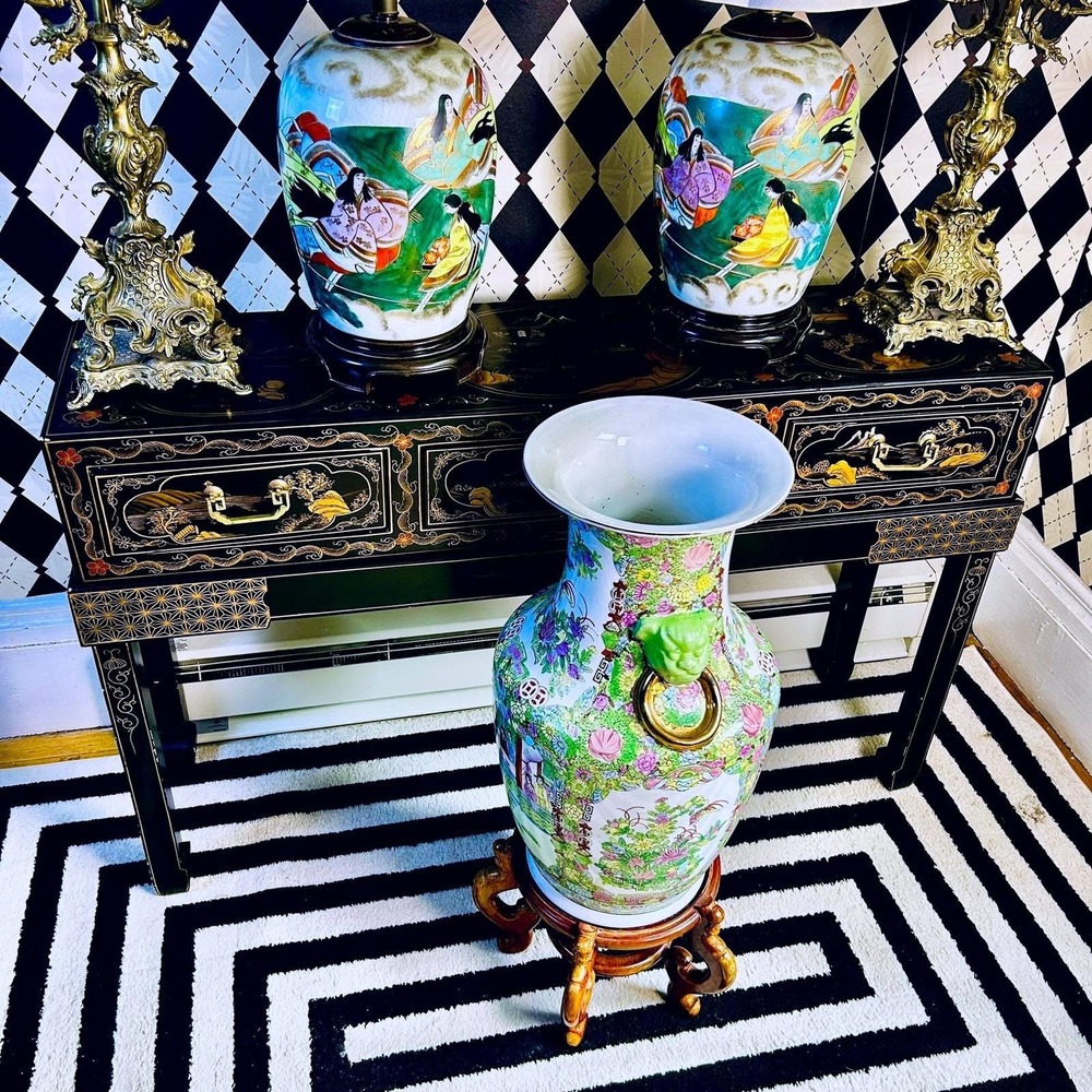 Grand Famille Rose Floor Vase 2FT Vintage w/ Green and Gold Foo Dog Mask Handles - Picture 6 of 12